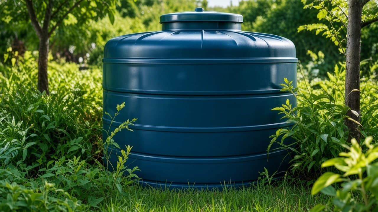 Ciemnoniebieski cylindryczny zbiornik na deszczówkę w ogrodzie przy domu