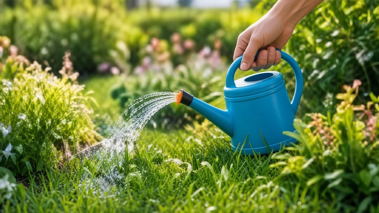 Niebieska konewka podlewająca rośliny w ogrodzie zgromadzoną deszczówką