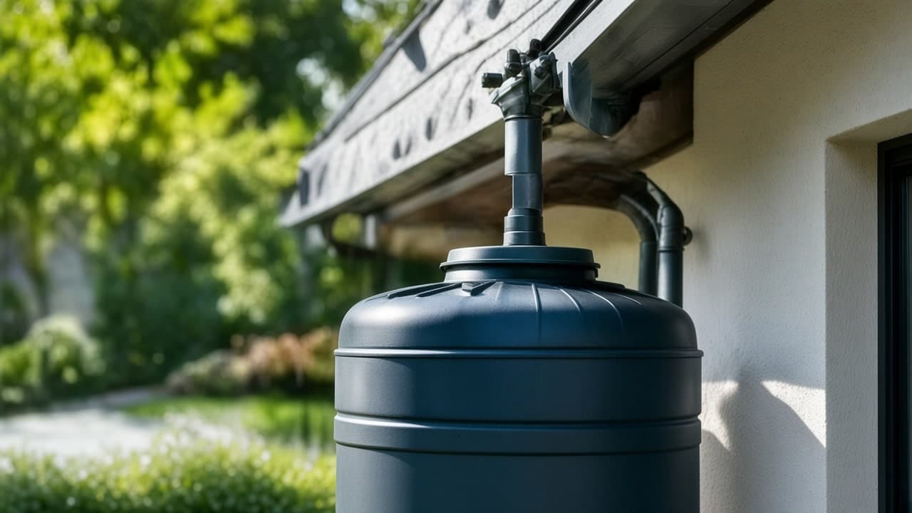 Zbliżenie rynny i pionowego spustu odprowadzającego deszczówkę do zbiornika przy domu